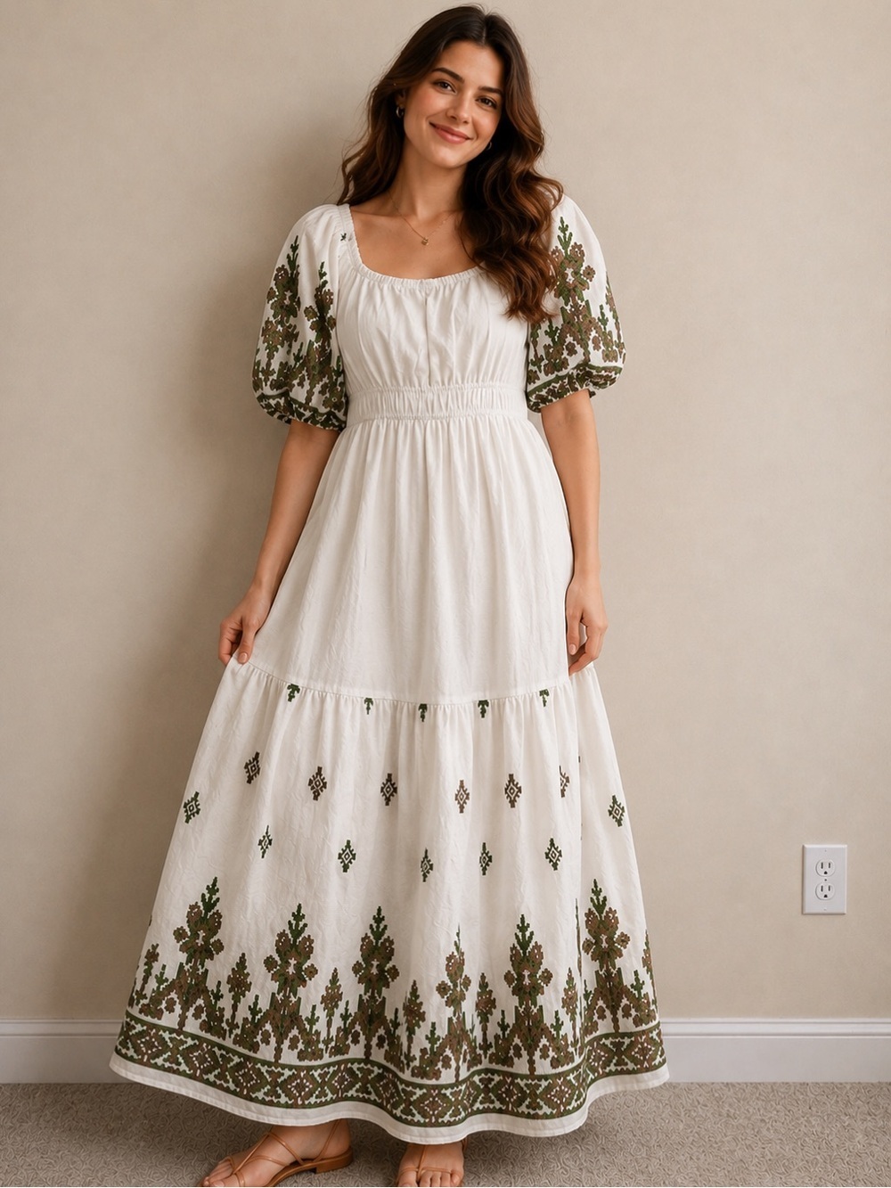 Polagram White Maxi Dress with Green Embroidered Puff Sleeves
